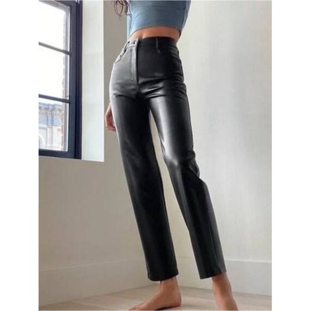 Wilfred Aritzia The Melina Black Vegan Leather High Rise Straight Leg Pants 4
